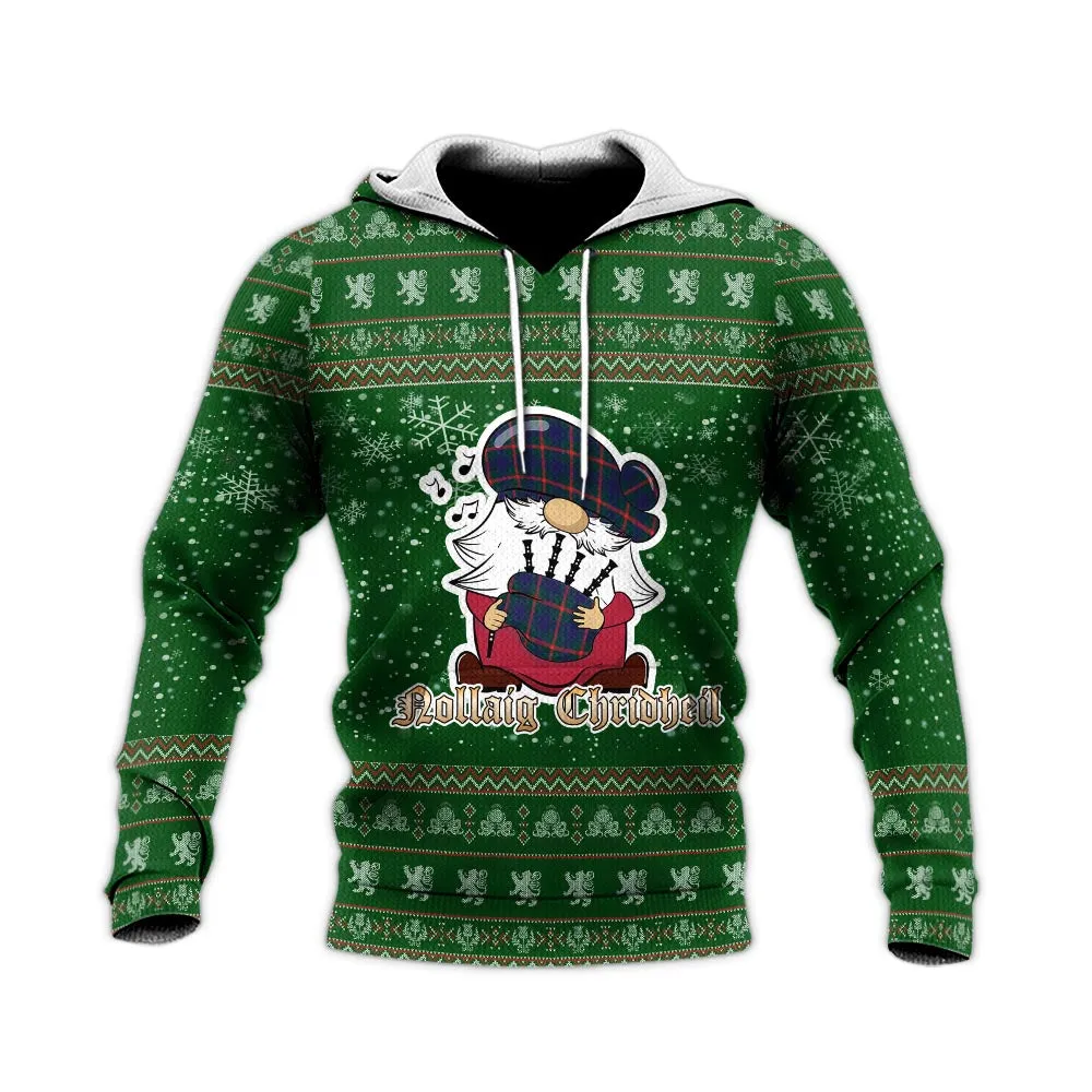Agnew Clan Christmas Knitted Hoodie with Funny Gnome Playing Bagpipes